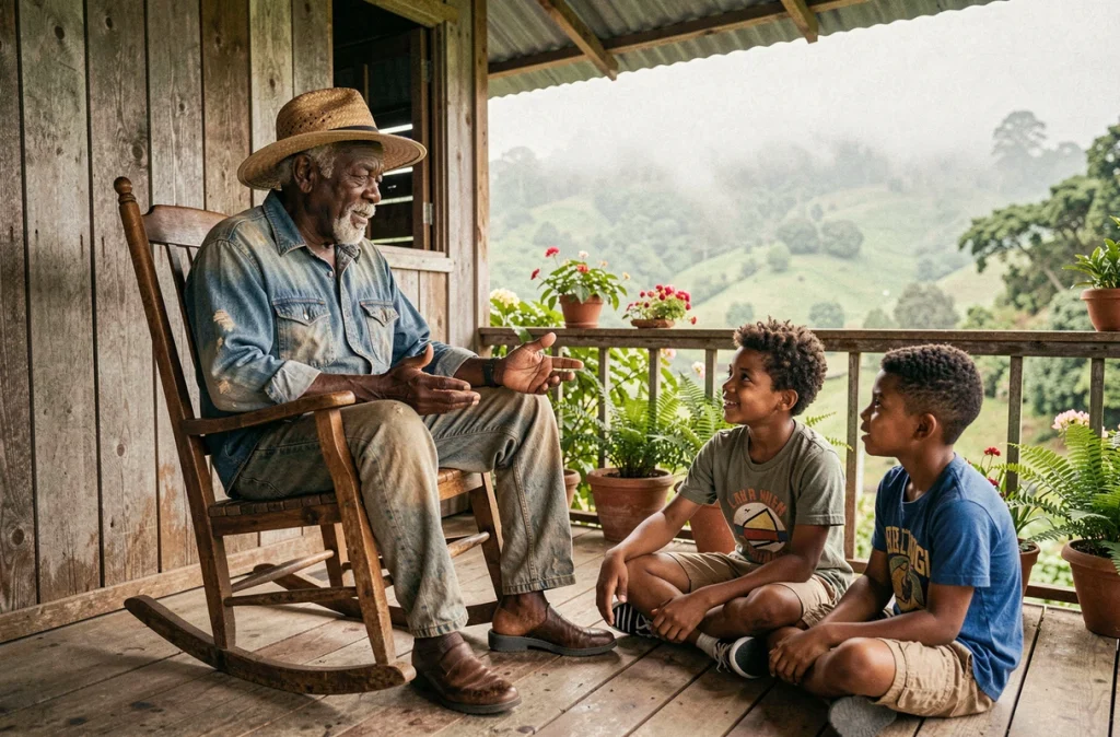 Grand-père jamaïcain racontant une histoire en patois à ses petits-enfants sur la véranda d'une maison rurale, symbole de la transmission orale de la langue créole