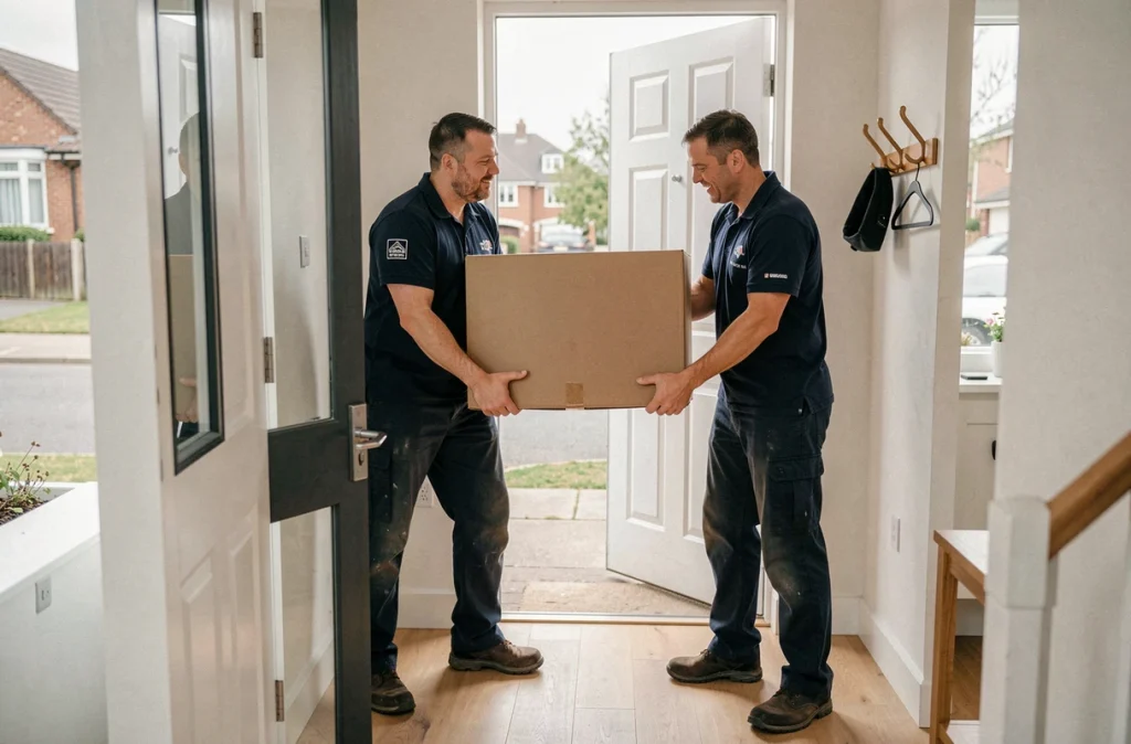 Deux livreurs professionnels en uniforme portant un grand carton de meuble à l'entrée d'une maison moderne lors d'une livraison à domicile