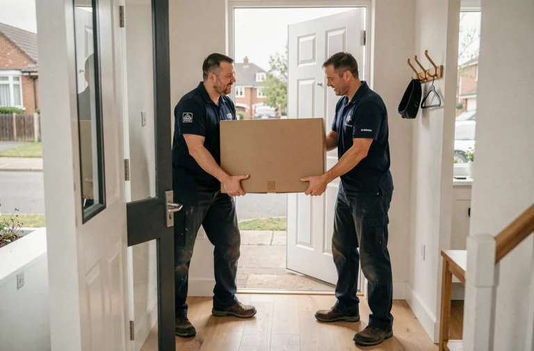 Deux livreurs professionnels en uniforme portant un grand carton de meuble à l'entrée d'une maison moderne lors d'une livraison à domicile