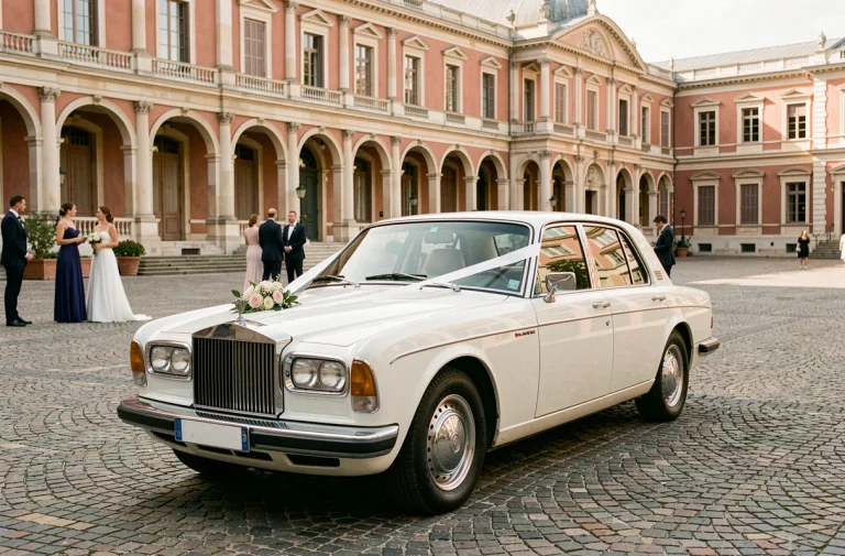 Rolls-Royce blanche décorée de rubans de mariage garée devant le Capitole de Toulouse pour un cortège nuptial élégant