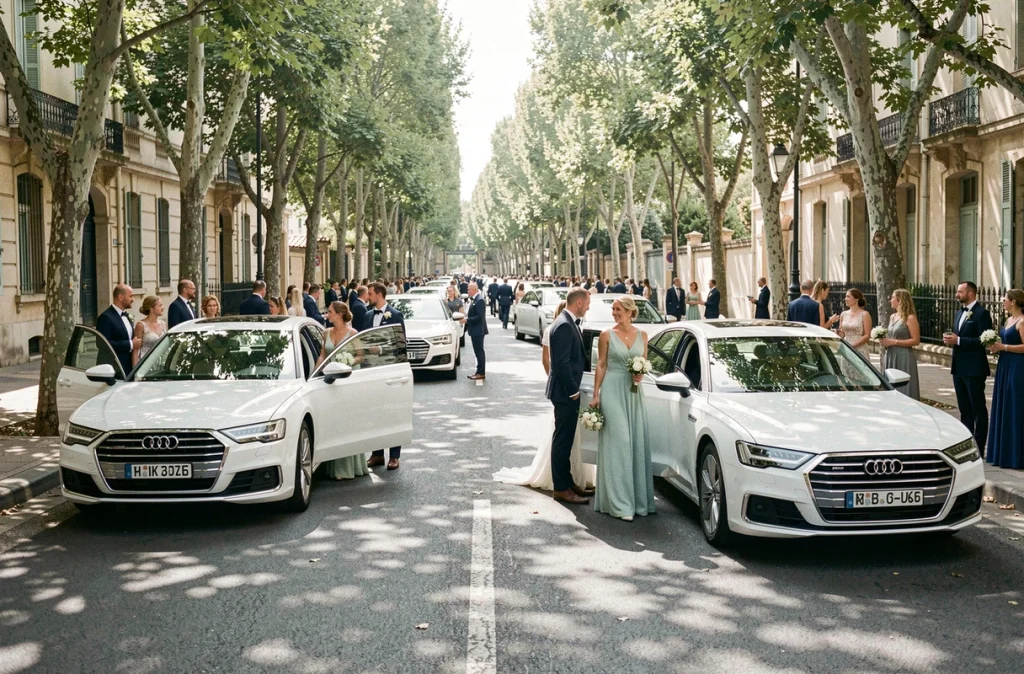 Cortège de voitures Audi A8 blanches alignées avec des invités en tenue de mariage dans une avenue arborée de Toulouse