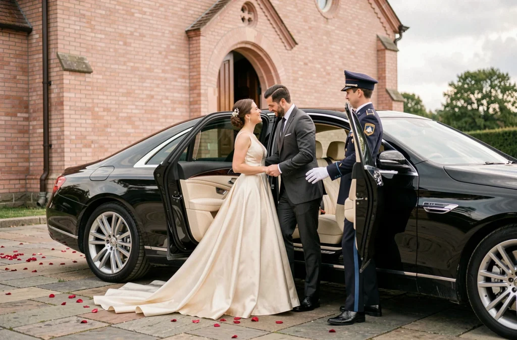 Couple de mariés descendant d'une Mercedes-Maybach noire avec chauffeur devant une chapelle en briques roses à Toulouse