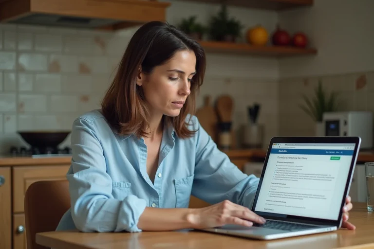 Mère de famille consultant les résultats du bac français sur son ordinateur portable dans une cuisine