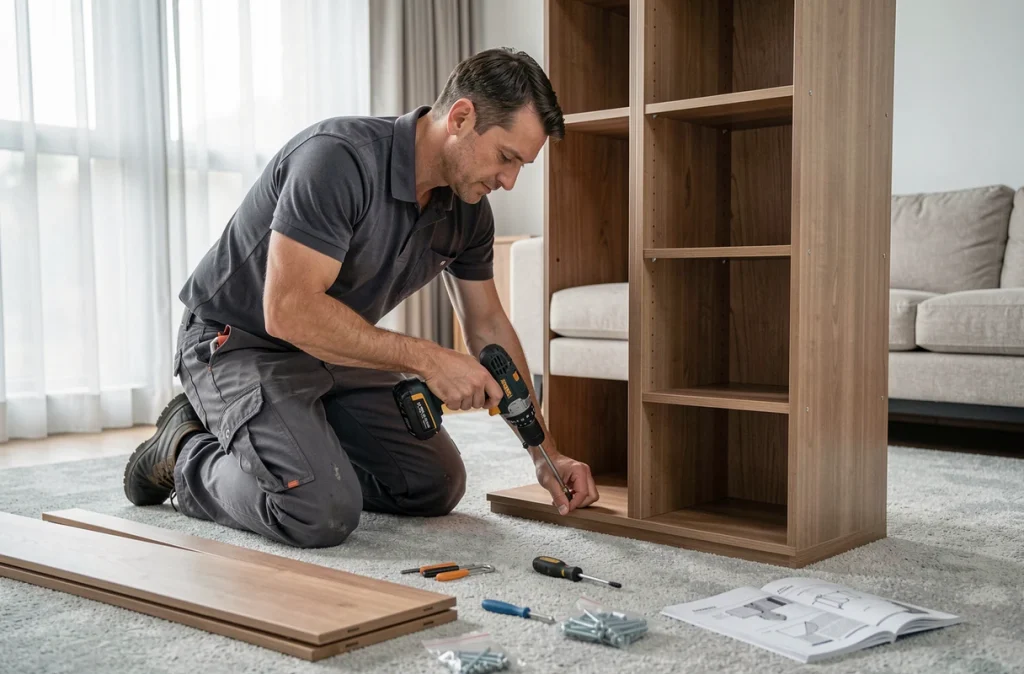 Technicien de montage de meubles assemblant une bibliothèque en bois dans un salon moderne avec des outils et pièces détachées au sol