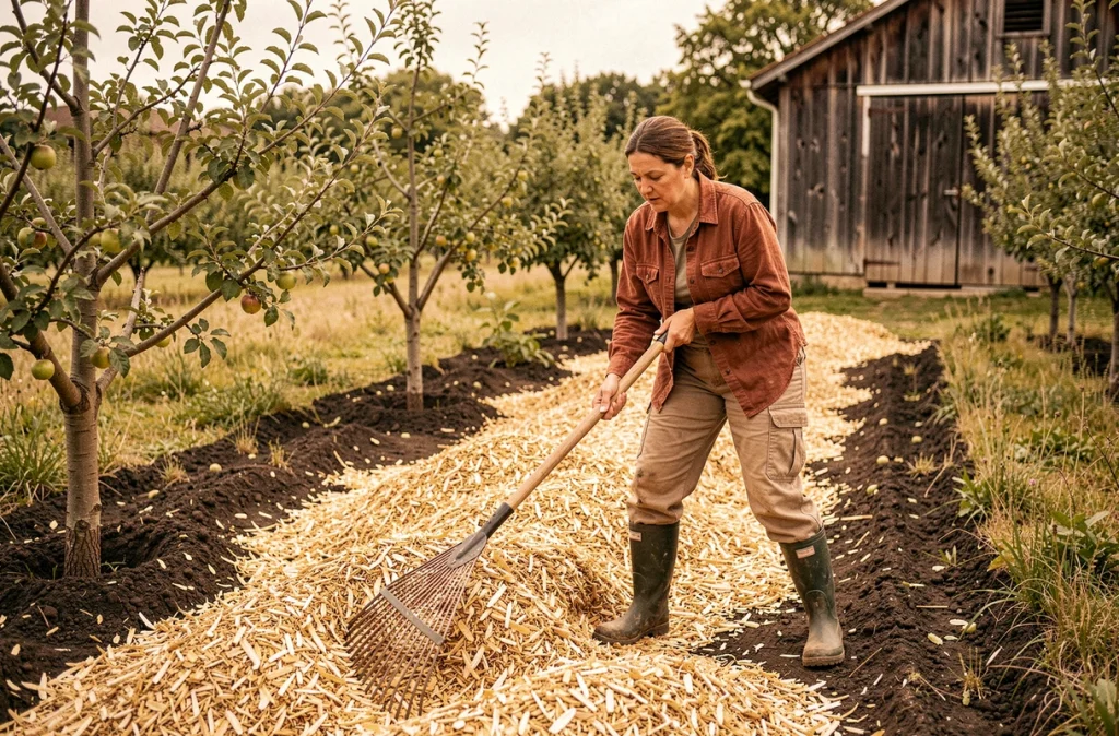 Femme étalant du paillis de copeaux de bois au pied d'arbres fruitiers dans un jardin potager