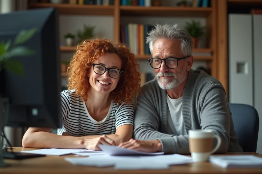 Couple de parents consultant ensemble les résultats du bac sur un ordinateur de bureau à domicile