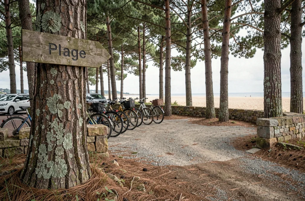 Parking ombragé sous les pins maritimes avec vélos et voitures près de la plage de Conleau à Vannes