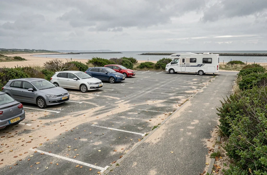 Parking municipal près de la plage de Conleau à Vannes avec voitures garées et accès piéton vers l'eau