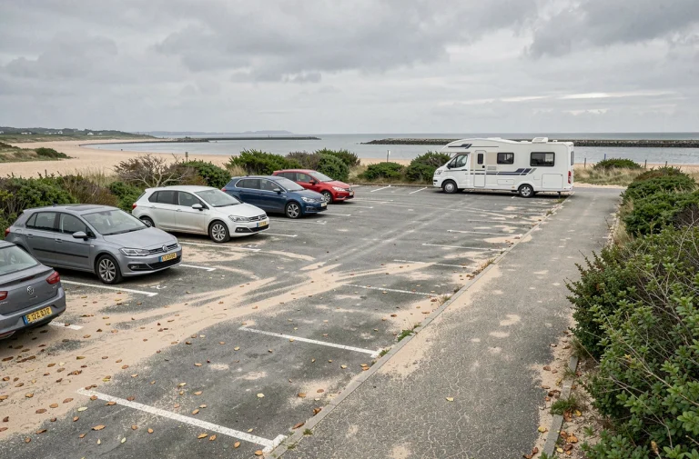 Parking municipal près de la plage de Conleau à Vannes avec voitures garées et accès piéton vers l'eau