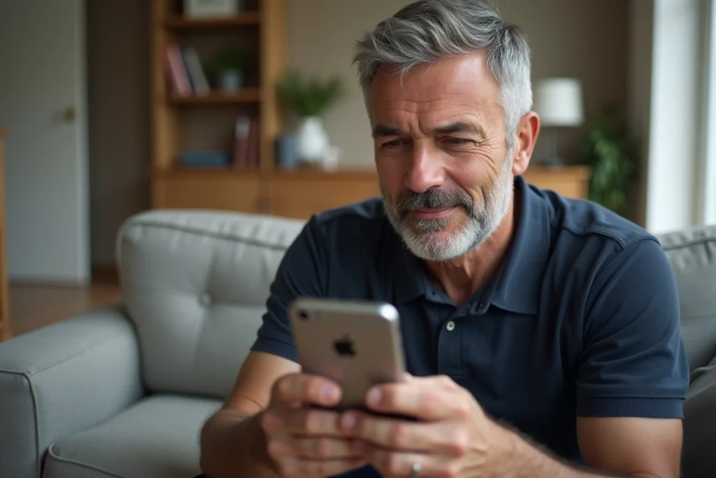 Père vérifiant les résultats du baccalauréat de son enfant sur smartphone dans un salon