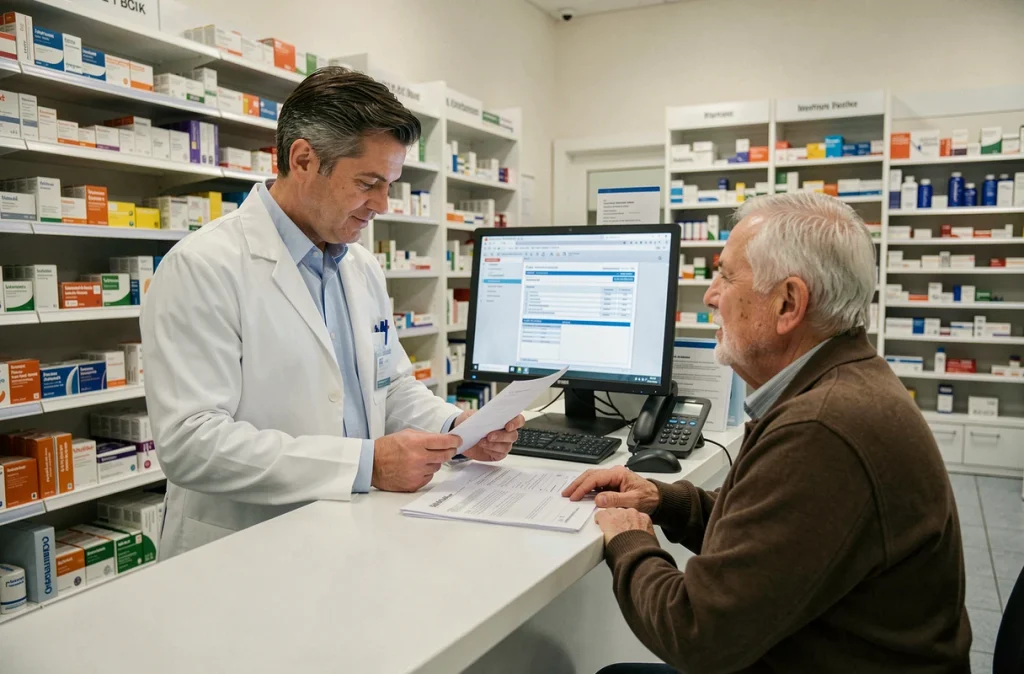 Pharmacien conseillant un patient senior sur les démarches de remboursement du fauteuil releveur par la sécurité sociale