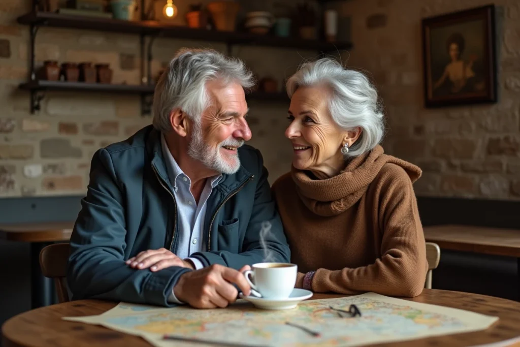 Couple discret dans un café européen évoquant la vie privée de Philippe Gougler et sa compagne