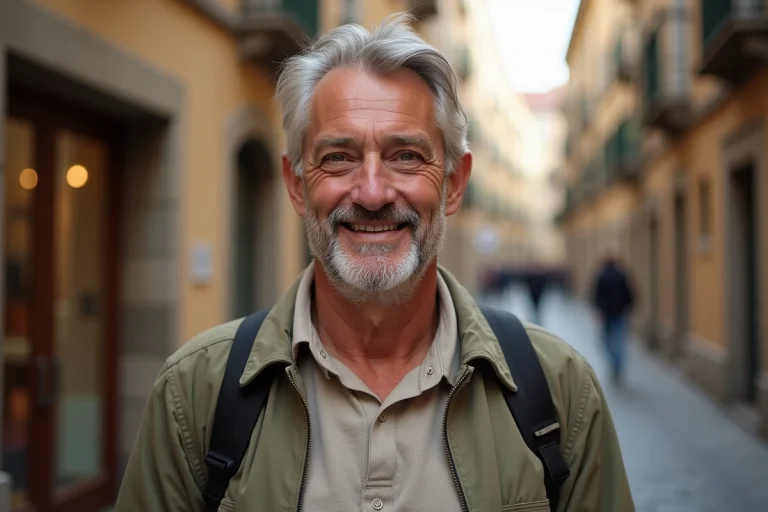 Portrait de Philippe Gougler, animateur de Trains du monde, en extérieur dans une rue pavée européenne