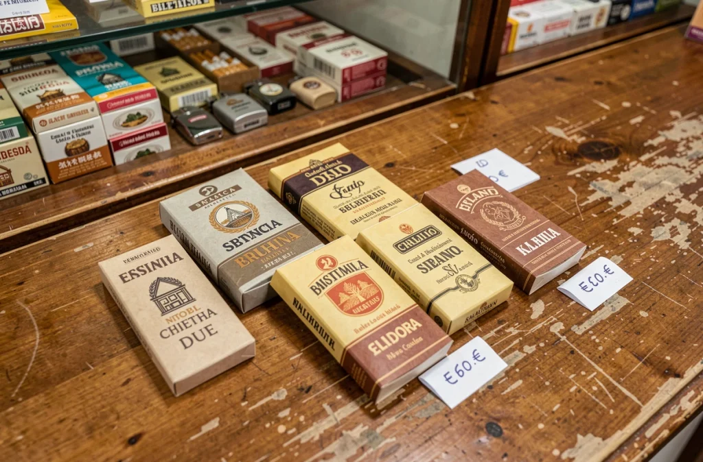 Pochettes de tabac à rouler avec étiquettes de prix en euros dans un estanco à Madrid