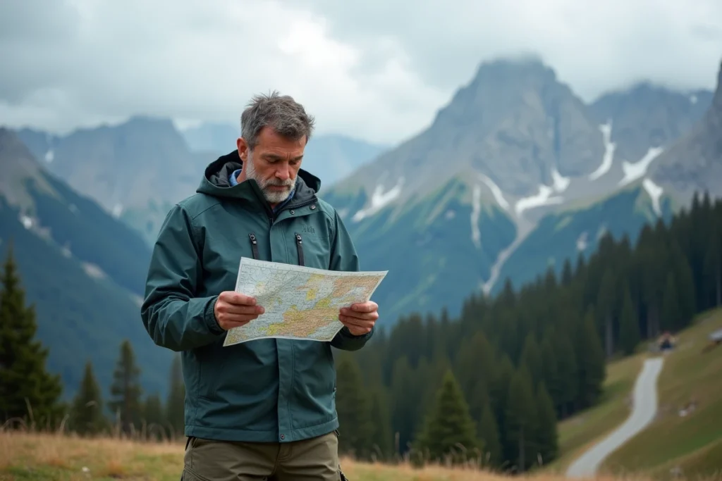 Randonneur consultant une carte météo face au panorama des Alpes françaises près de Grenoble