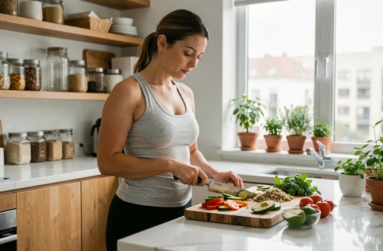 Femme préparant un repas sain avec des légumes frais et des céréales complètes dans une cuisine moderne pour perdre du poids durablement
