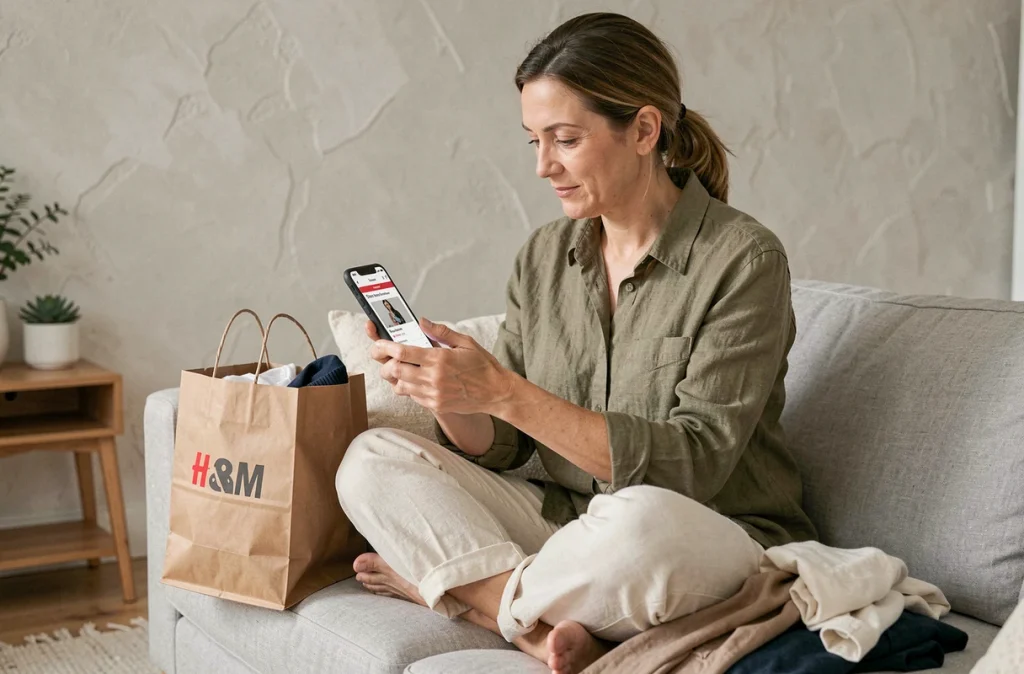 Femme consultant l'application H&M sur smartphone pour initier un retour en ligne depuis son salon