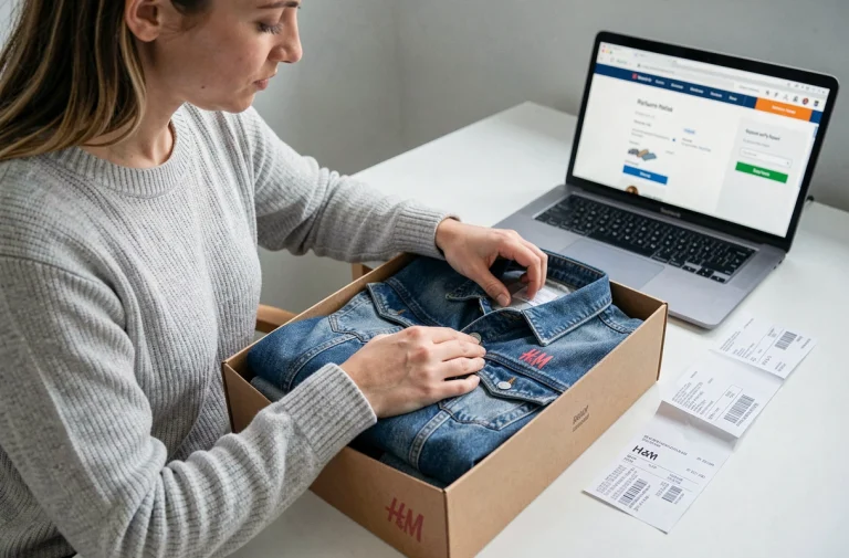 Femme préparant un retour H&M en ligne depuis son bureau à domicile avec un colis emballé et un reçu
