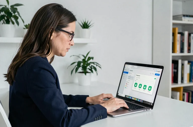 Femme professionnelle gérant ses paramètres de sécurité en ligne sur un ordinateur portable dans un bureau moderne