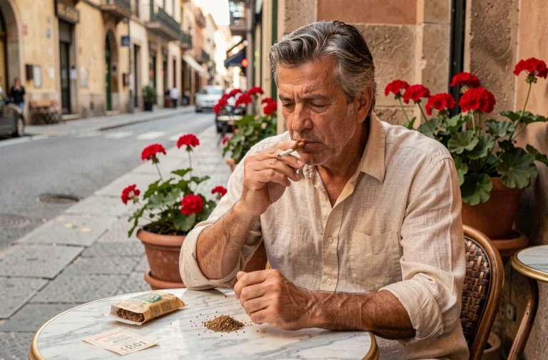 Homme roulant une cigarette avec du tabac à rouler sur une terrasse de café à Barcelone, Espagne