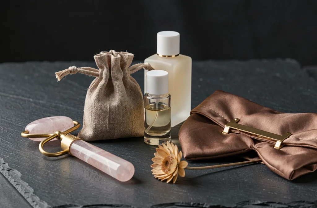 Accessoires cadeaux adultes haut de gamme : rouleau quartz, parfum minimaliste et masque satiné sur ardoise