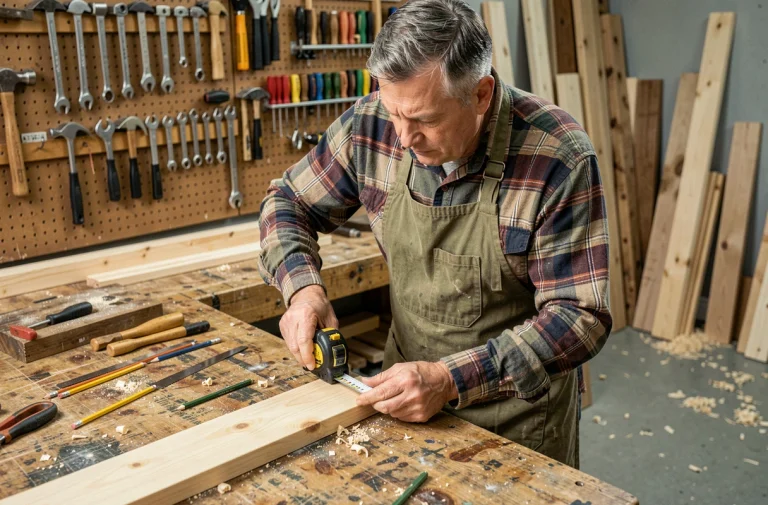 Bricoleur expérimenté mesurant une planche en bois dans un atelier bien équipé plein d'outils