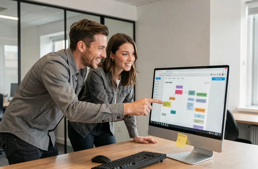 Deux collègues analysant ensemble un plan du site d'une plateforme d'annonces sur un écran de bureau