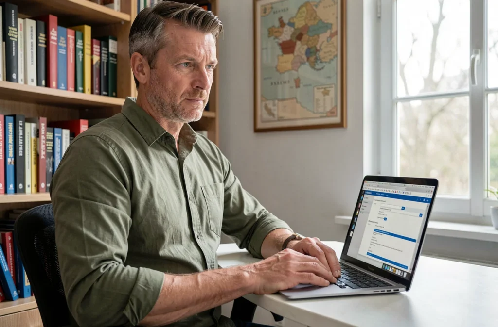 Enseignant configurant le webmail Convergence sur son ordinateur portable depuis son bureau à domicile