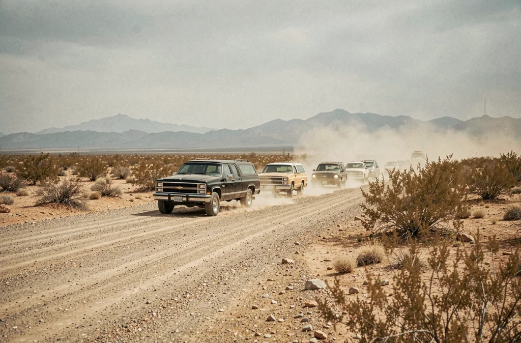 Convoi de SUV noirs des années 1980 traversant le désert aride de Sinaloa au Mexique