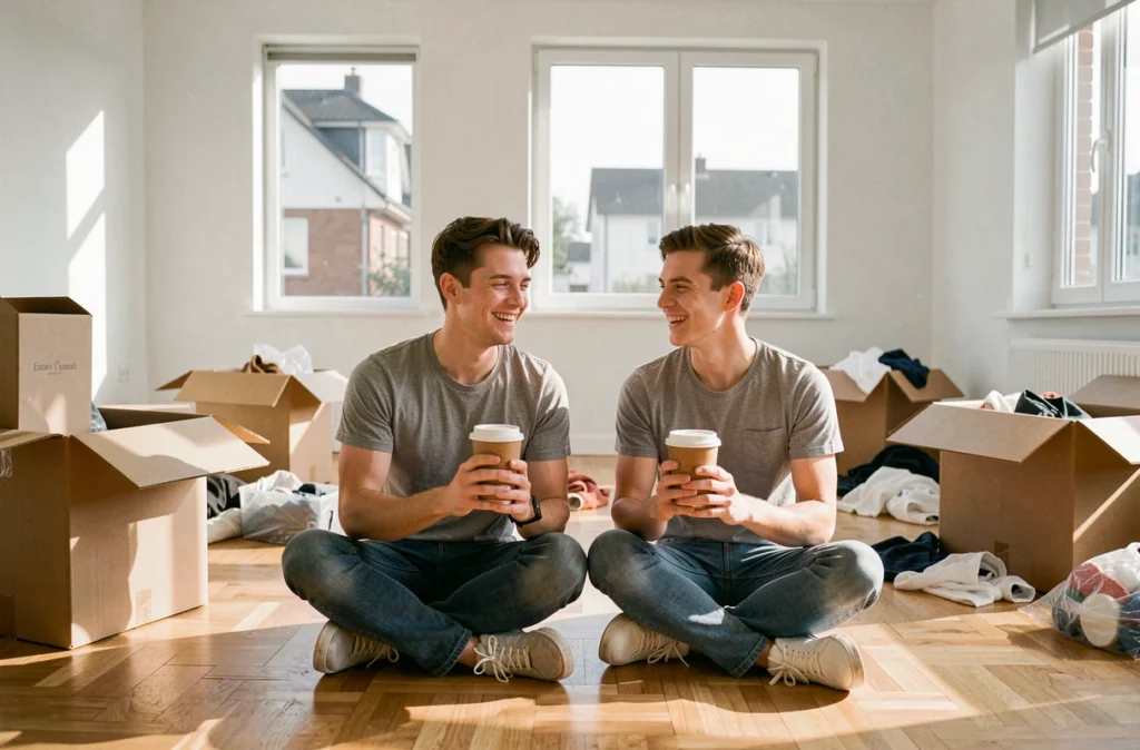 Couple souriant faisant une pause café assis par terre dans un nouvel appartement vide entouré de cartons