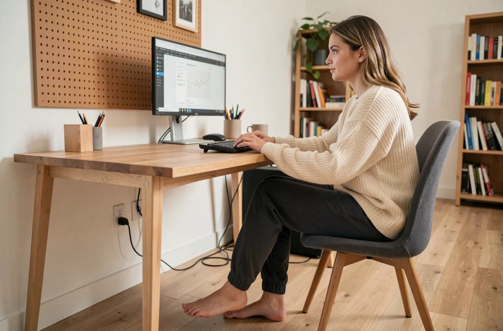 Femme créatrice de contenu travaillant depuis son bureau à domicile, pieds nus sur parquet, comparant des plateformes de monétisation en ligne