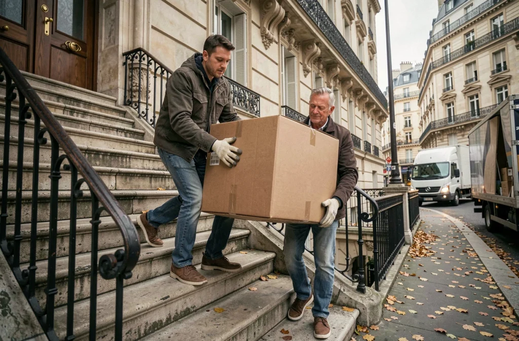 Deux déménageurs portant un carton lourd dans un escalier extérieur d'immeuble haussmannien à Paris