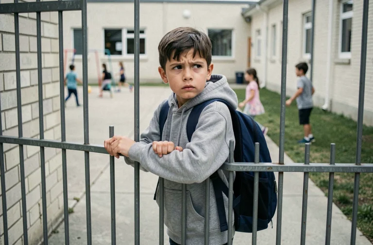 Jeune garçon anxieux agrippant la grille d'entrée d'une école primaire, illustrant la didaskaleinophobie ou peur de l'école