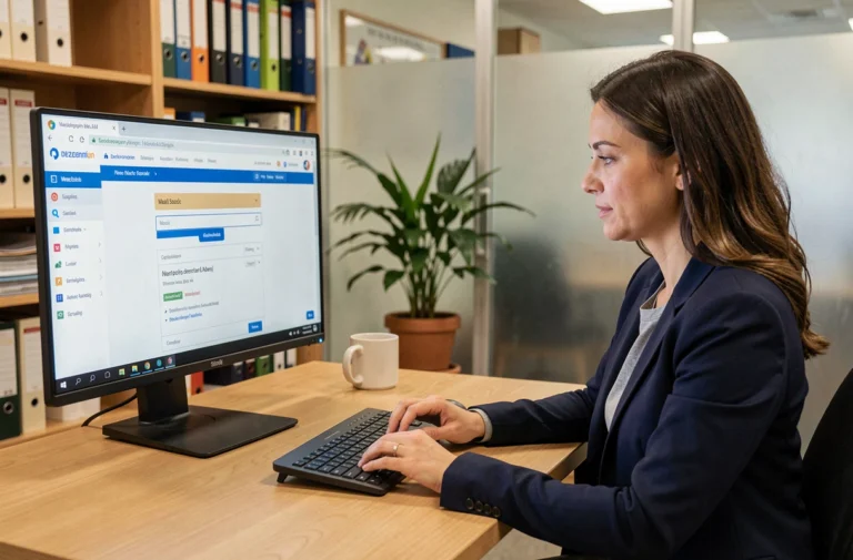 Enseignante accédant au webmail Convergence de l'académie de Lyon sur son ordinateur de bureau dans une salle administrative