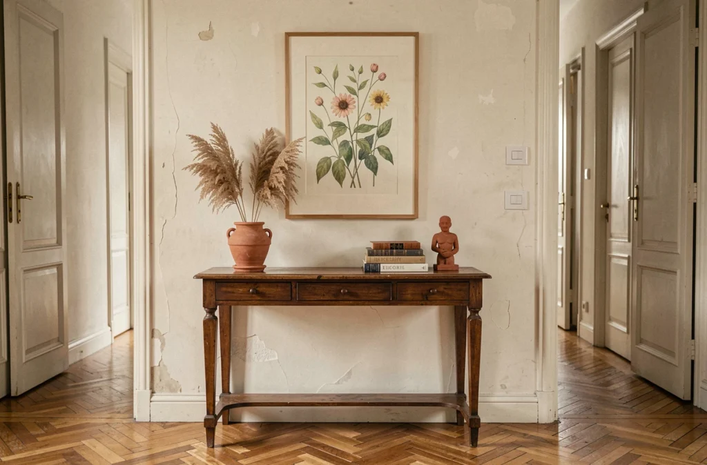 Estampe botanique encadrée au-dessus d'une console vintage dans un couloir de style parisien