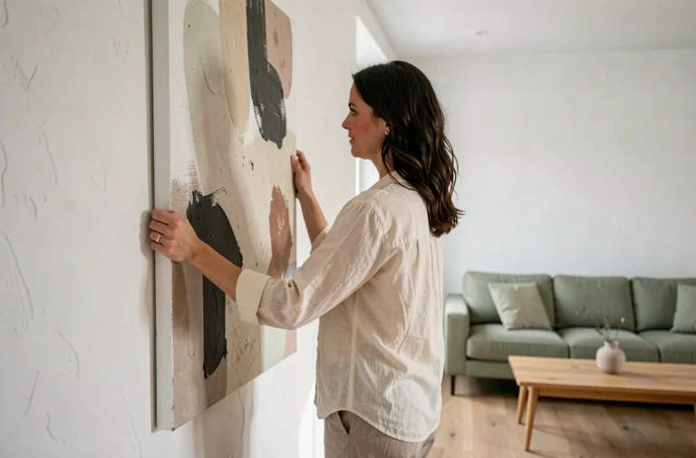 Femme accrochant un grand tableau abstrait sur le mur d'un salon moderne au style scandinave