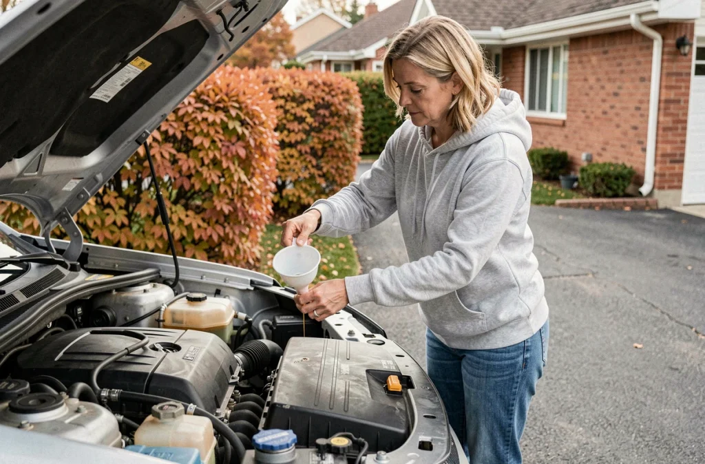 Femme faisant l'appoint d'huile moteur sur sa voiture dans une allée résidentielle