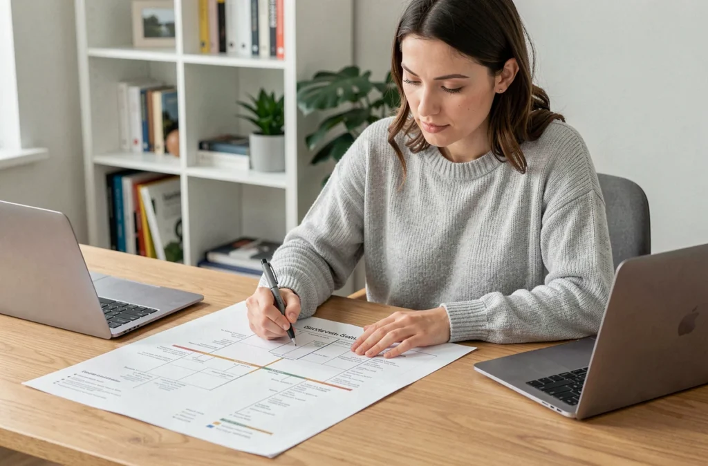 Femme consultant un plan du site imprimé sur son bureau de travail pour naviguer sur une plateforme d'annonces
