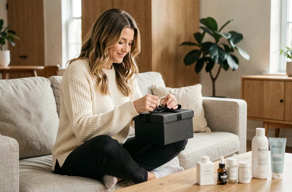 Femme adulte découvrant un cadeau bien-être tendance dans un salon moderne et cosy