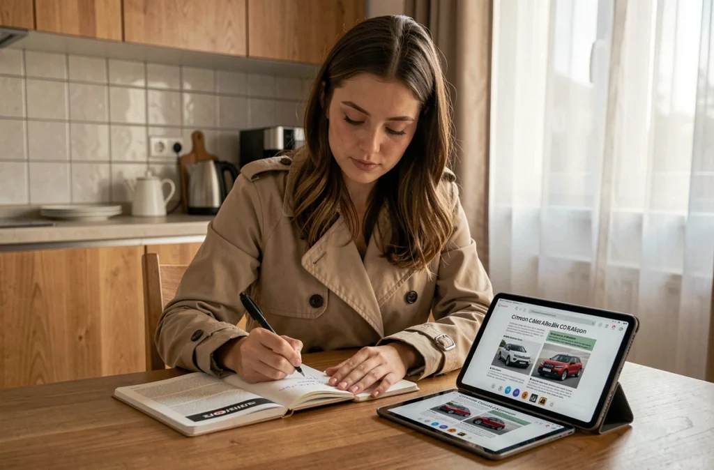 Jeune femme étudiant la notice de la Citroën C3 Aircross avec une tablette numérique à la maison