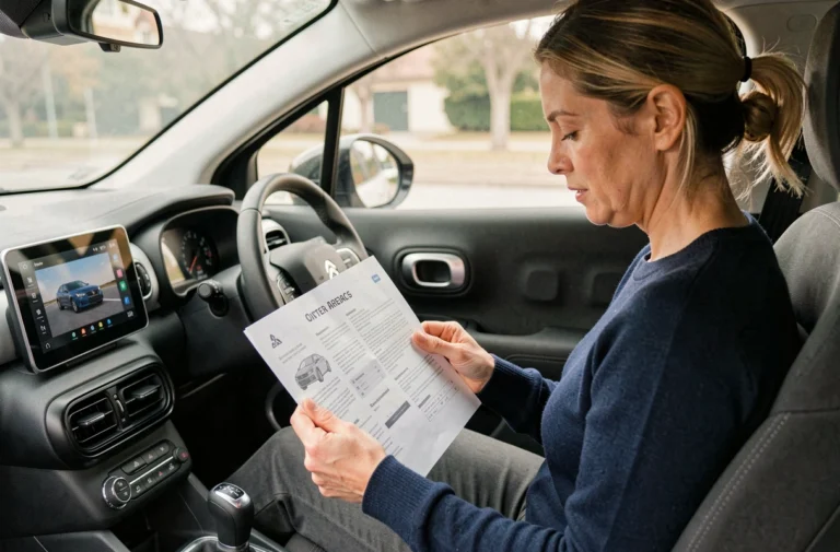 Femme consultant la notice de la tablette tactile Citroën C3 Aircross assise dans l'habitacle