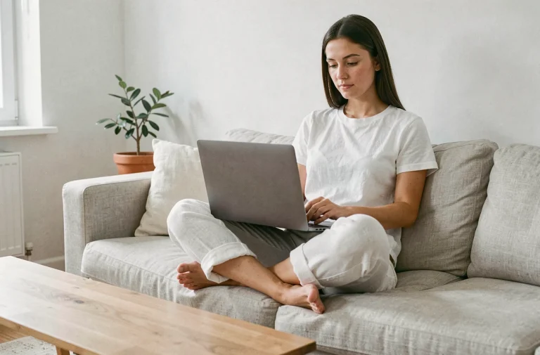 Jeune femme assise sur un canapé en lin, pieds nus visibles, utilisant un ordinateur portable pour gérer sa présence sur une plateforme de contenu en ligne