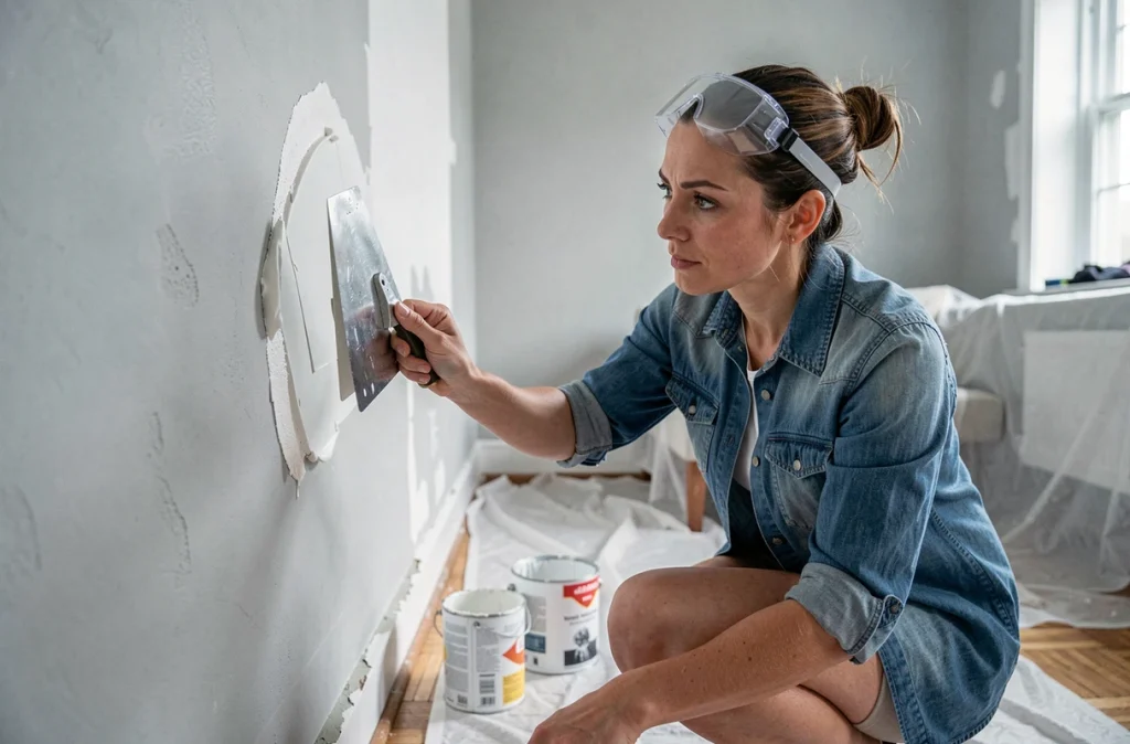 Femme en train d'enduire un mur intérieur lors de travaux de rénovation maison