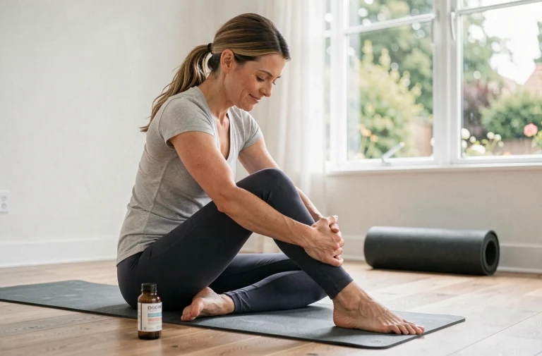 Femme pratiquant le yoga et massant son genou avec un complément articulaire Orthosamine posé à côté d'elle