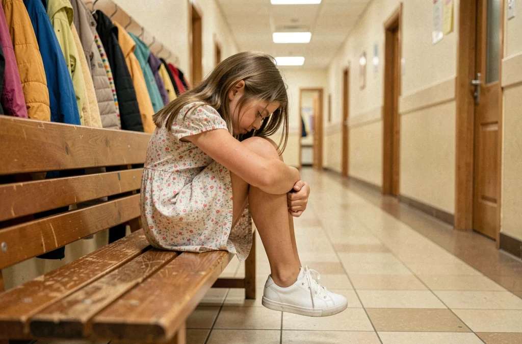 Fillette recroquevillée sur un banc dans un couloir scolaire, exprimant une anxiété liée à la peur de l'école