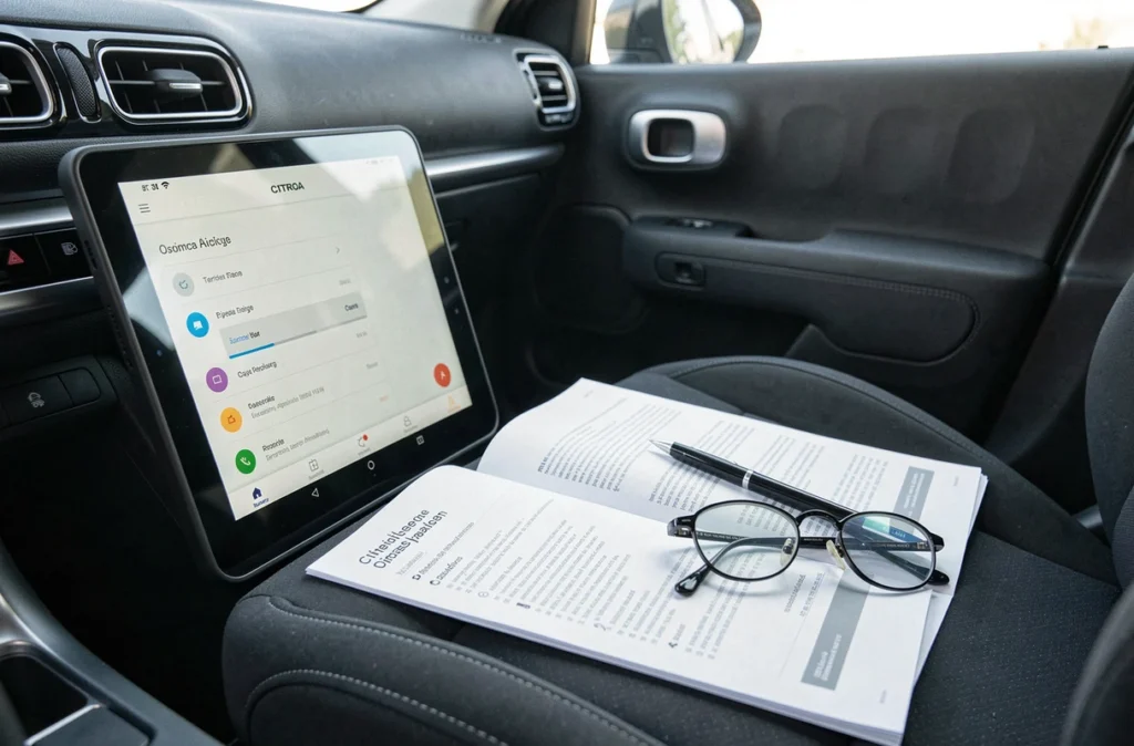 Gros plan sur la tablette tactile Citroën C3 Aircross avec la notice utilisateur ouverte sur le siège passager