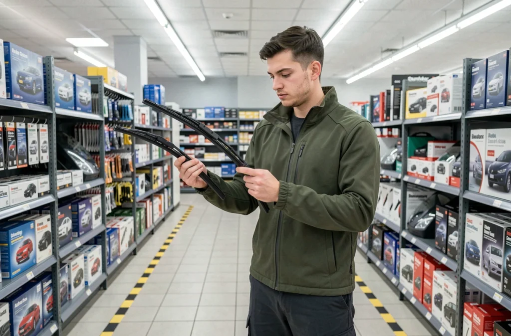 Homme comparant des balais d'essuie-glace dans un magasin de pièces automobiles