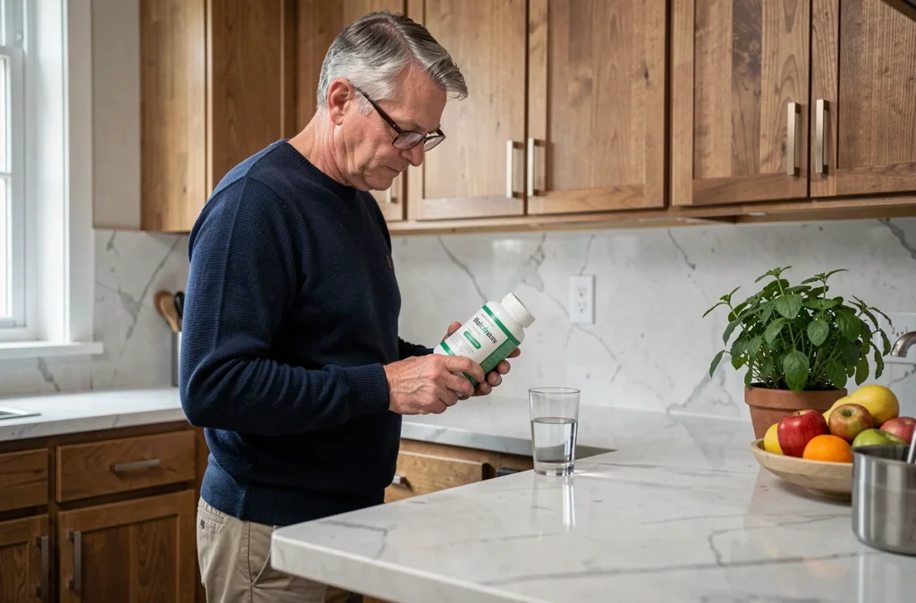 Homme d'âge mûr lisant l'étiquette d'un complément alimentaire pour les articulations dans sa cuisine