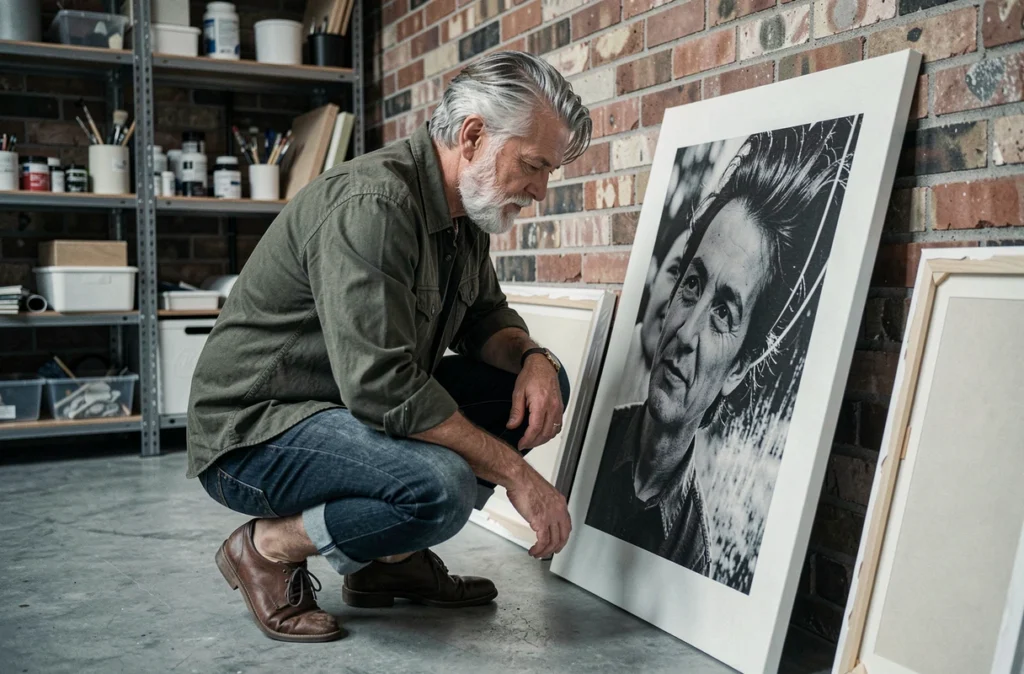 Homme examinant une grande photographie en noir et blanc dans un studio d'artiste à la décoration industrielle