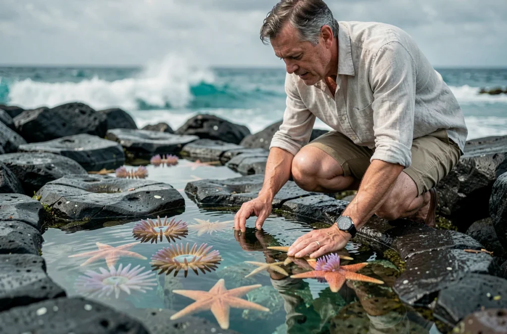 Homme observant la biodiversité d'une piscine naturelle côtière lors d'une exploration touristique